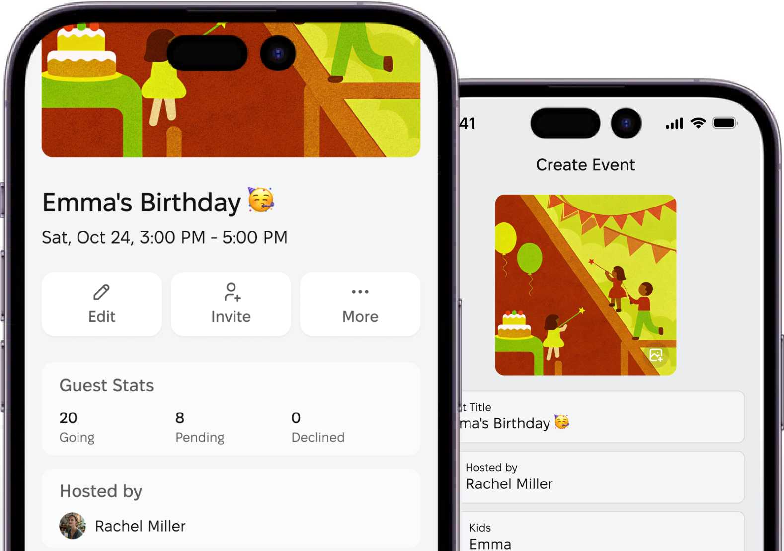 Two Kidgather screens: an event page with guest stats, and the create-event form