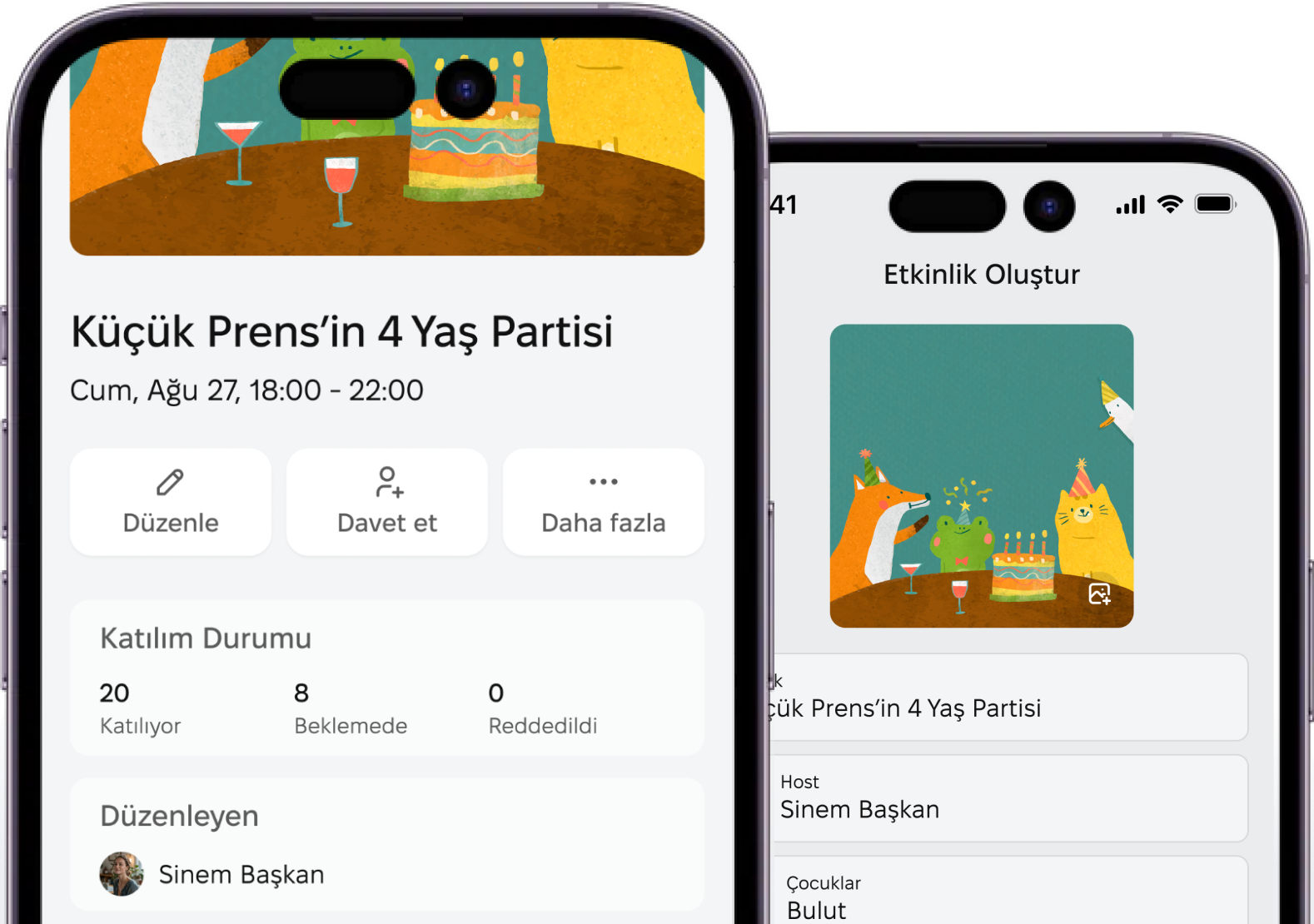 İki Kidgather ekranı: davetli istatistiklerini gösteren etkinlik sayfası ve etkinlik oluşturma formu