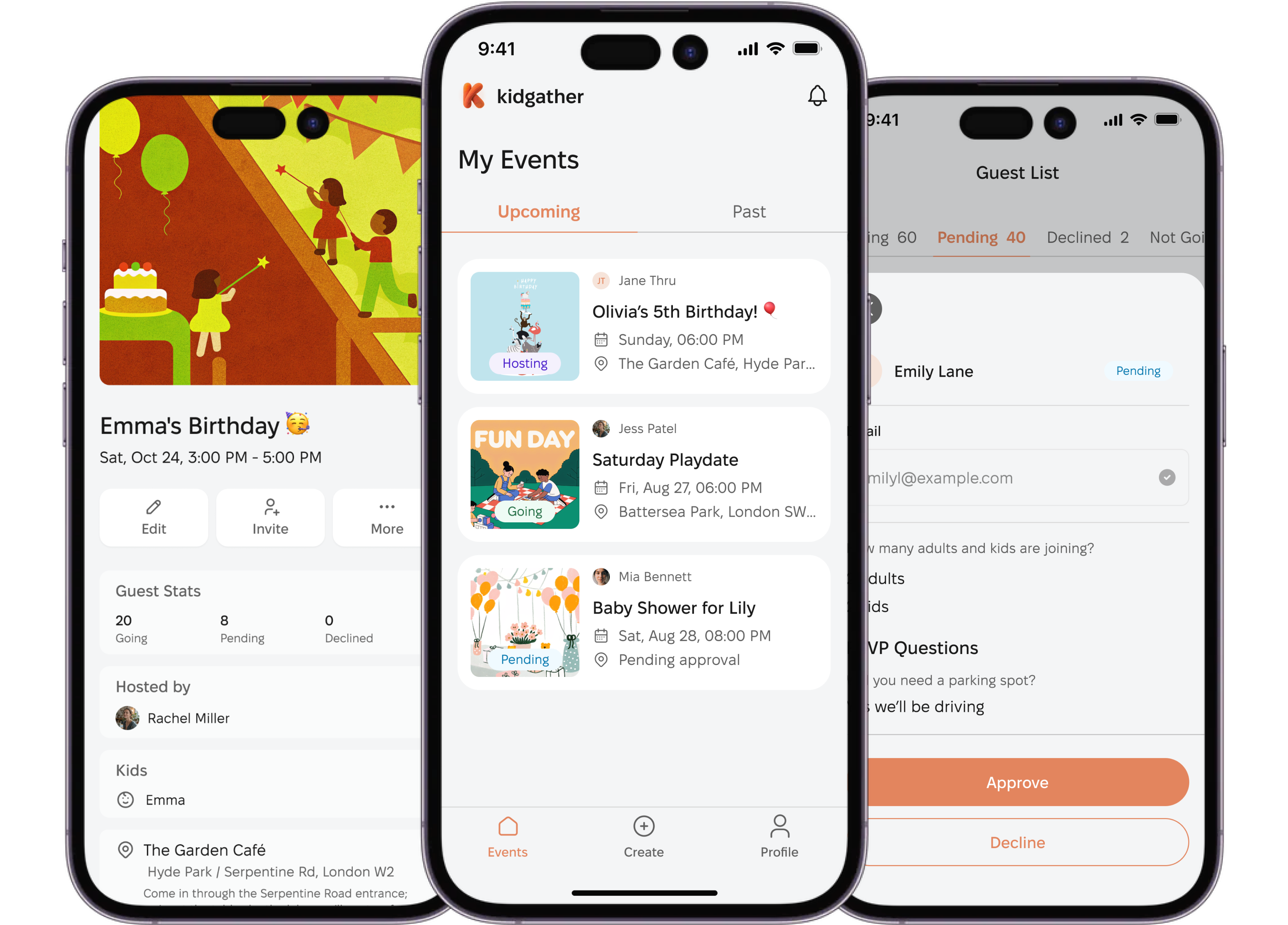 Three Kidgather screens side by side: an event page with guest stats, the list of upcoming events, and a guest list with a pending request waiting to be approved